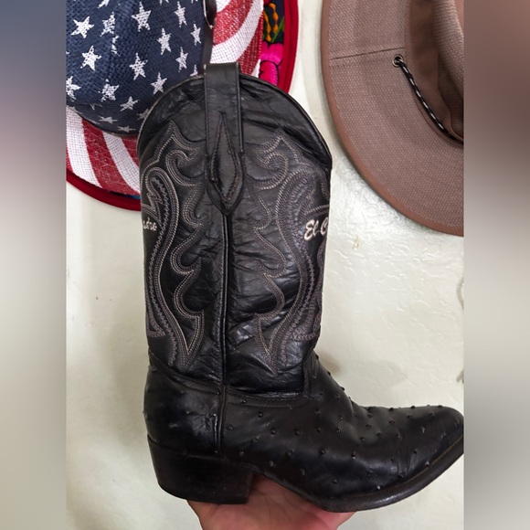 Black ostrich Leather Cowboy Boots with Embroidery - Picture 1 of 7